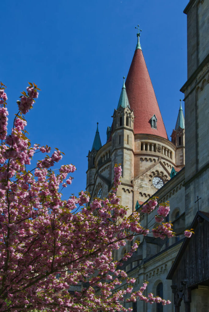 Franz-von-Assisi-Kirche mit Kirschblüten