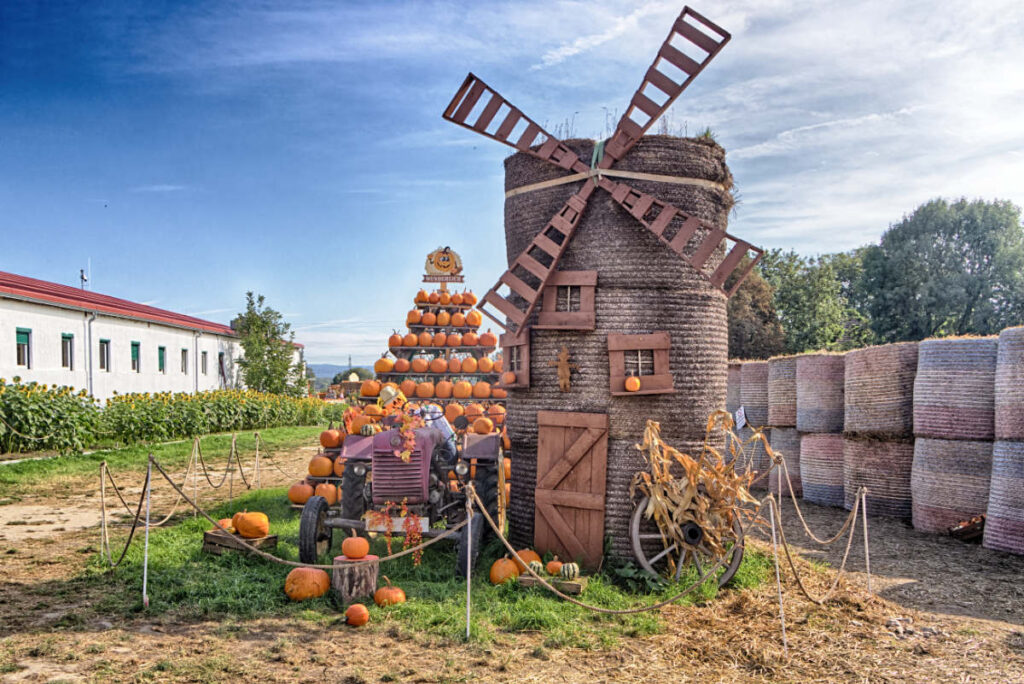 Windmühle und Traktor am Kürbishof Wunderlich