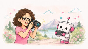 Illustration einer Fotografin mit Kamera und einem freundlichen Roboter in einer Naturlandschaft