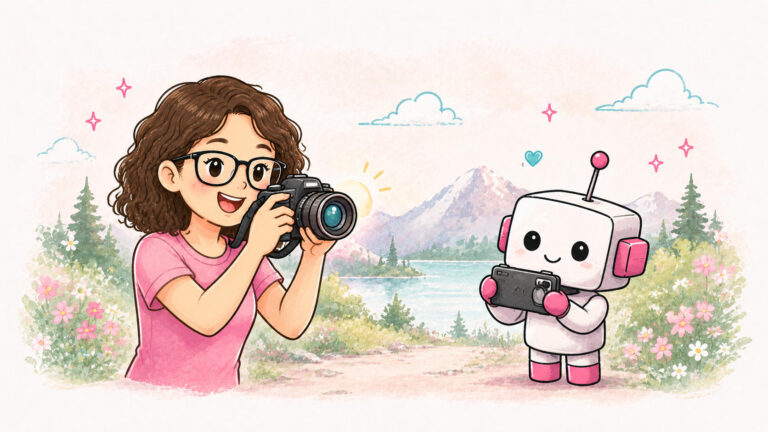 Illustration einer Fotografin mit Kamera und einem freundlichen Roboter in einer Naturlandschaft