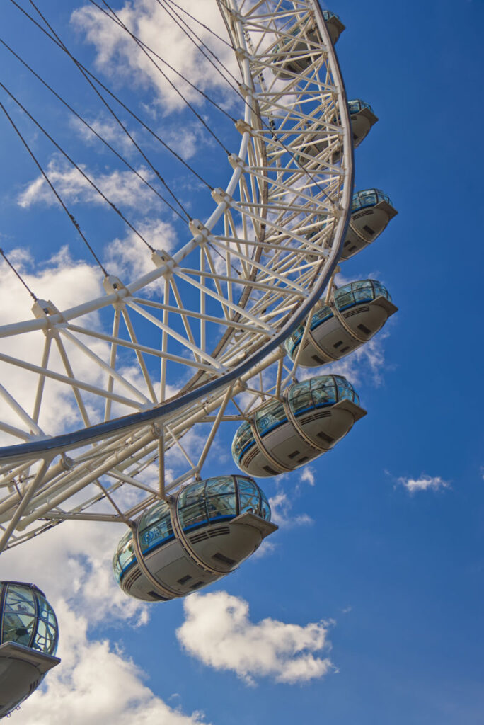 Froschperspektive durch die Konstruktion des London Eye mit Kapseln