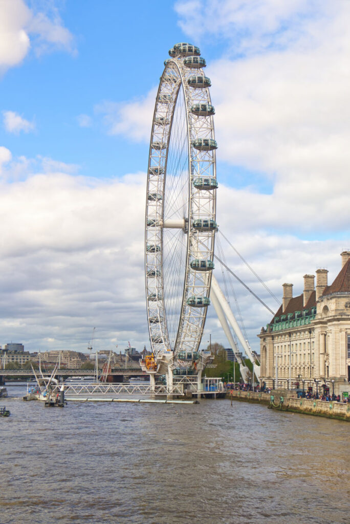 Blick von der Westminster Bridge auf das London Eye mit der Themse im Vordergrund