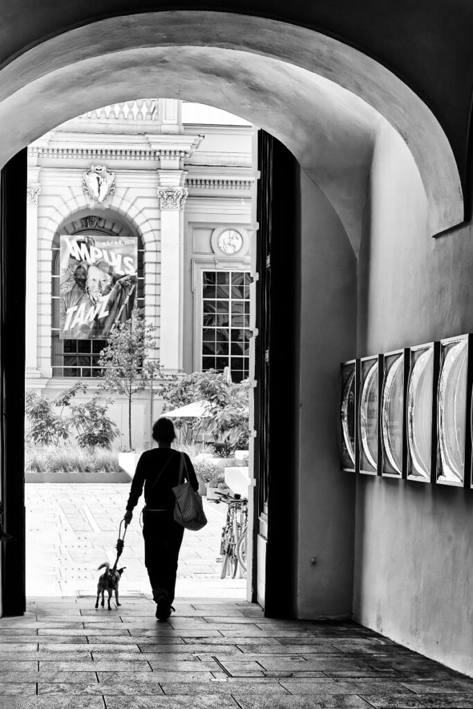 Eine Frau mit Hund als Silhouette, von hinten fotografiert durch einen historischen Torbogen
