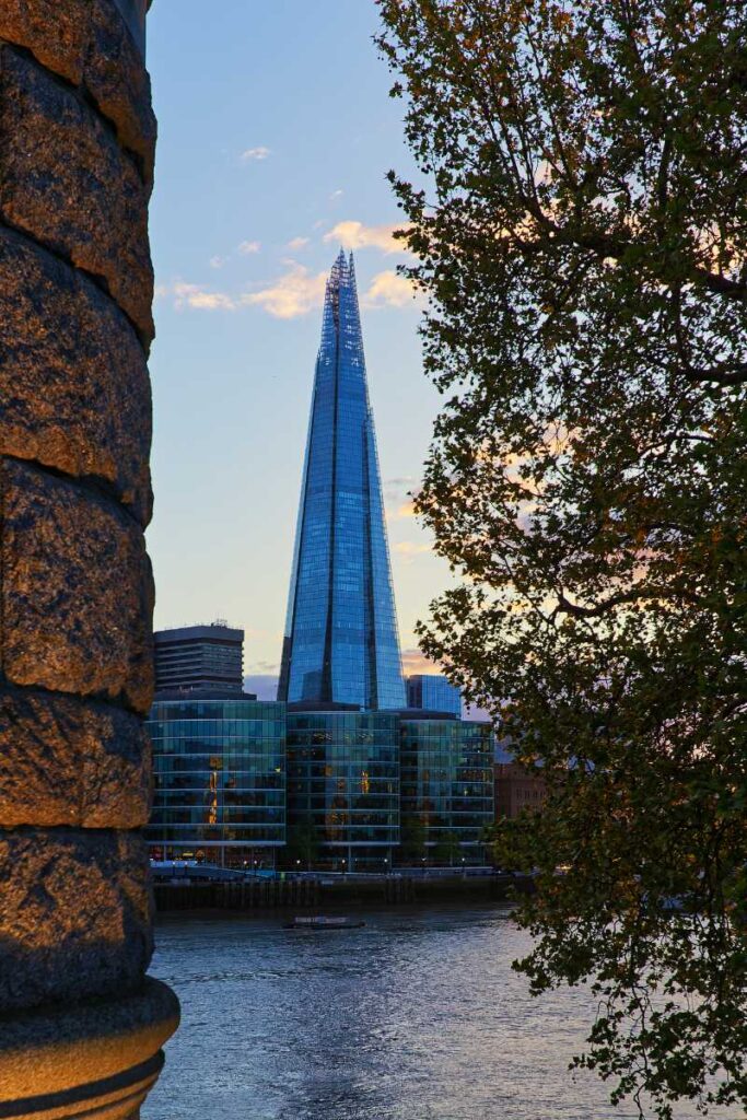 The Shard zwischen Baum und Pfeiler der Tower Bridge im Abendlicht