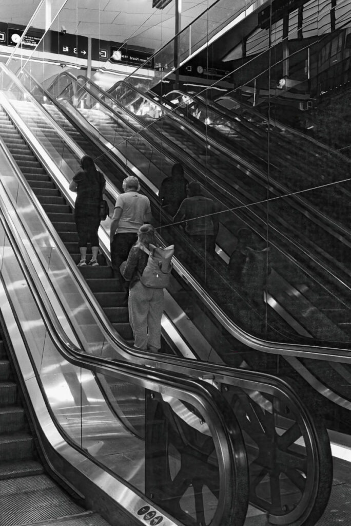 Mehrere Personen als Silhouetten auf einer Rolltreppe, im Hintergrund spiegeln sich die Linien der Halle