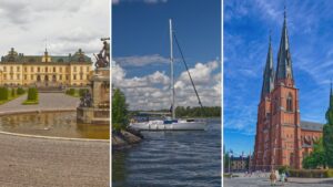 Collage der drei Tagesausflüge ab Stockholm: Schloss Drottningholm, Dom in Uppsala und Segelboot bei Vaxholm