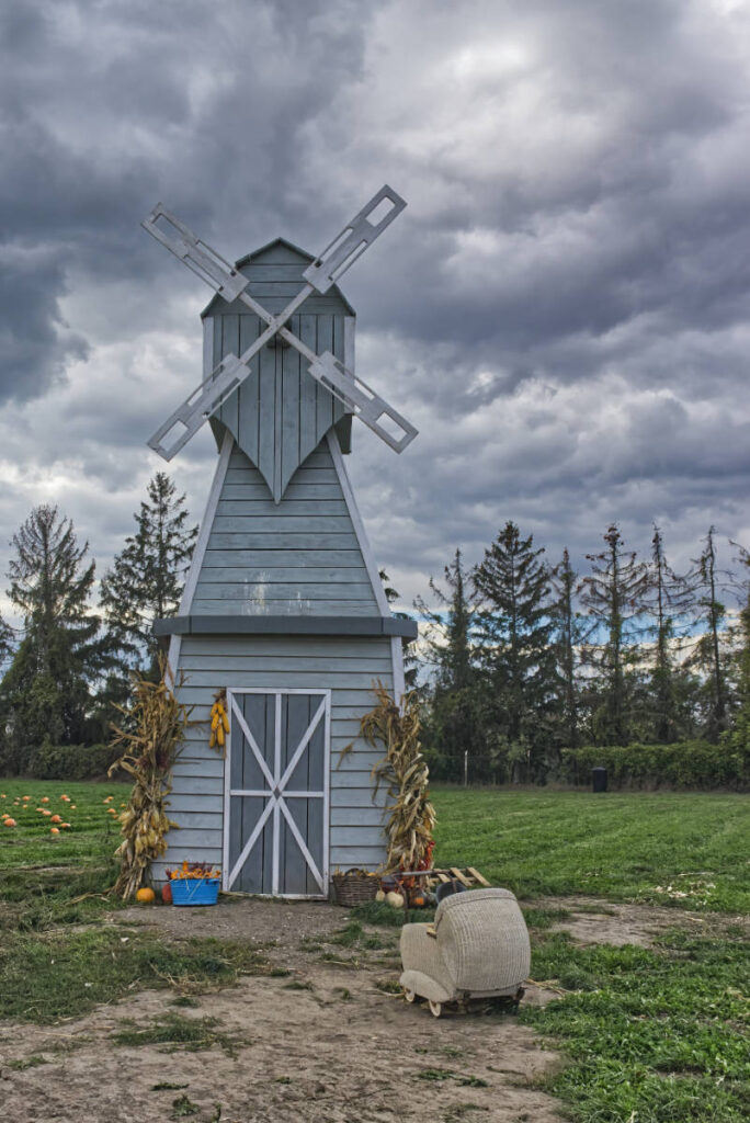 Hellblaue Holzwindmühle unter dunklen Wolken am Kürbisfeld